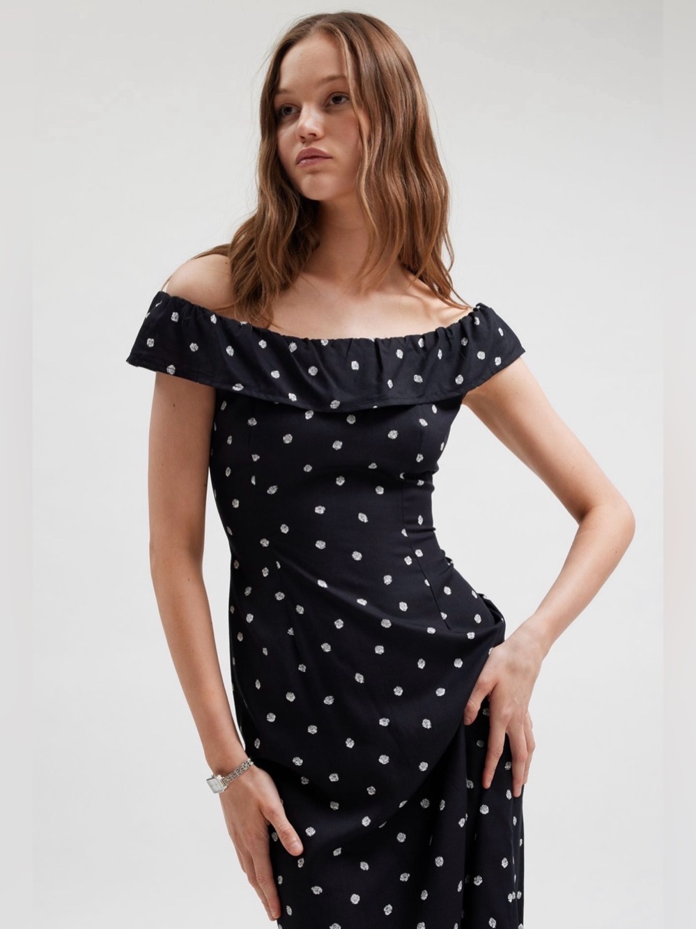 Motel Rocks Black Off-Shoulder Polka Dot Dress